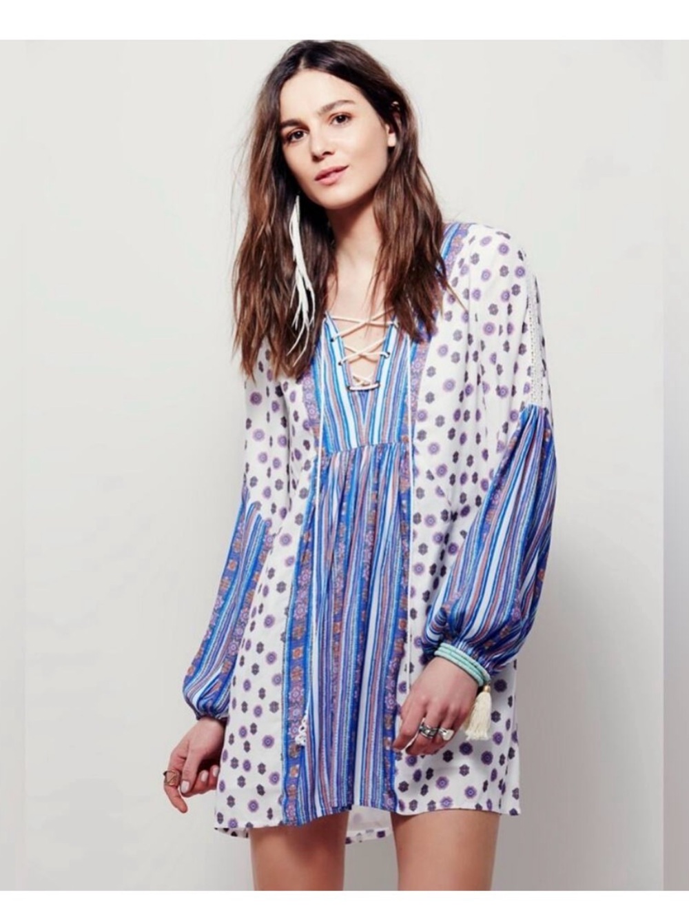 Free People-Boho Peasant Tunic Dress in Cream and Blue Sz XS VGUC - Picture 3 of 15